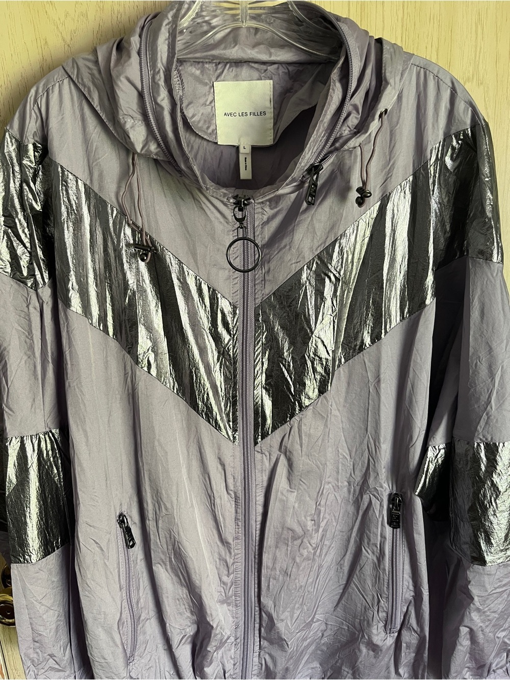 Avec Les Filles Anthropologie Windbreaker Jacket Lavender Silver w/ Hood Size L - Picture 2 of 11